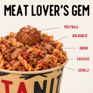 Meat Lovers: Gemelli, meatball, sausage, onions, bolognese sauce